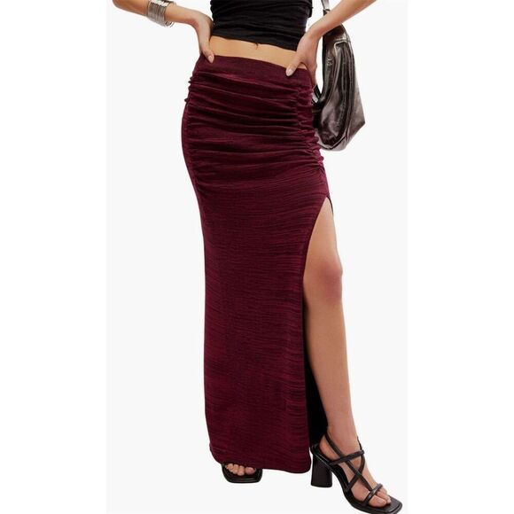 Free People Women's M Maroon Ruched Peak Show Maxi Skirt with Side Slit - Picture 5 of 5